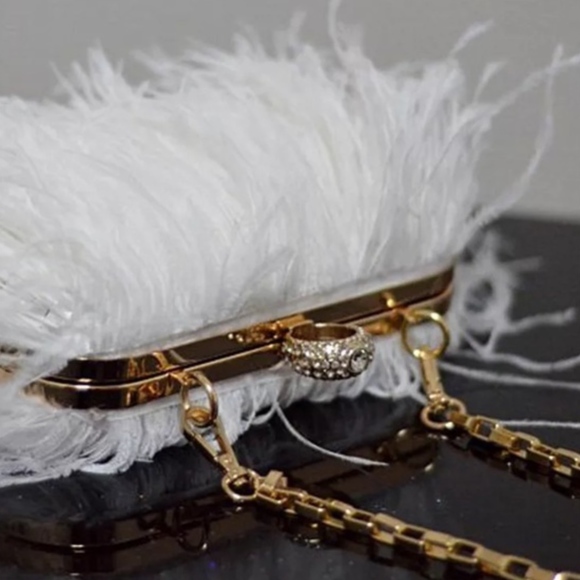 🌸 OSTRICH PURSE FEATHER HARD CLUTCH BAG BOHO CHIC DESIGNER ELITE HANDLE CHAIN - Picture 9 of 12